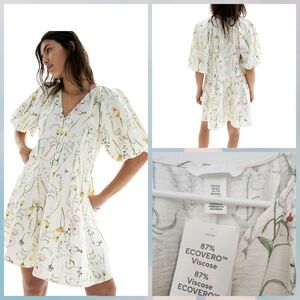 H&M White Floral Midi Dress With Flared Skirt